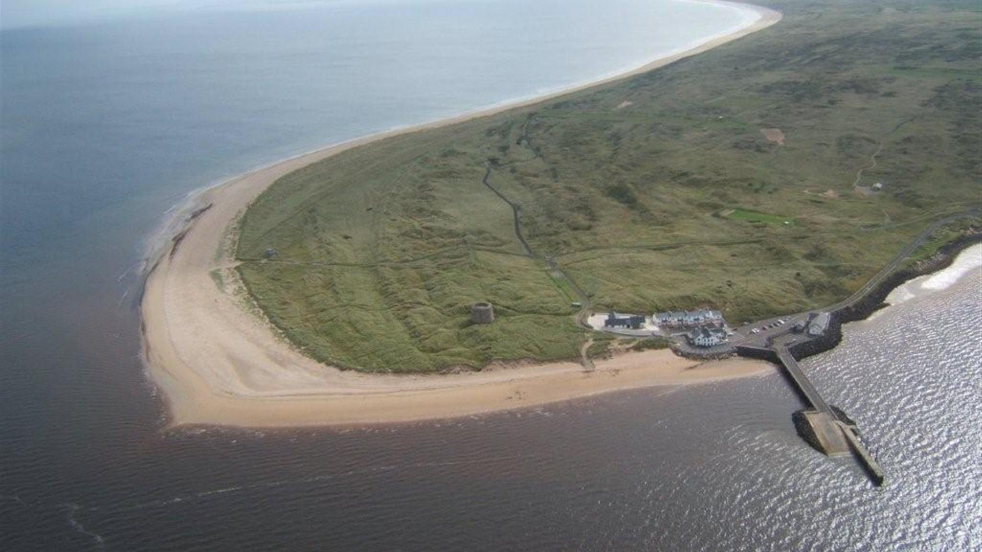 Aerial view of Magilligan Point dunes and coast in Northern Ireland